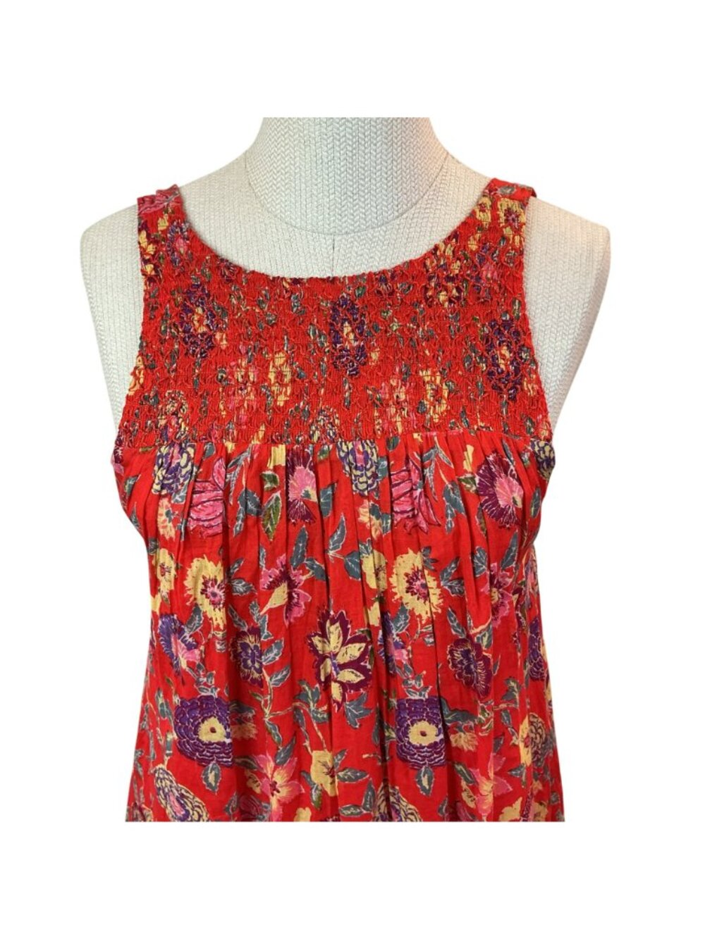 Free People Floral Red Sleeveless Boho Swing Dress XS 100% Cotton Smocked Front - Picture 3 of 11